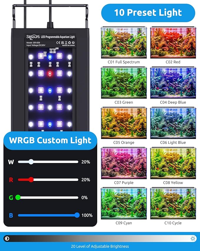 SEAOURA Aquarium LED Light with Thermometer, 36-42in Full Spectrum Lights for Fish Tank, 24/7 Programmable with Power Off Memory, WRGB Custom, 20 Level Dimmable Brightness for Freshwater Aquariums