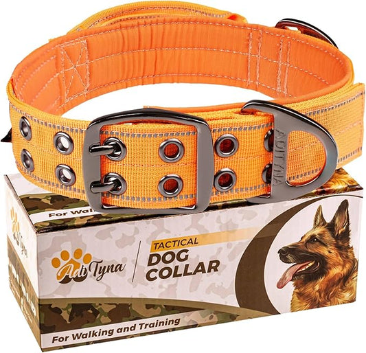 ADITYNA Heavy Duty Dog Collar for Extra-Large Dogs - Reflective Orange Collar with Handle for Training, and Walking - Wide, Thick, Tactical, Soft Neoprene Padded