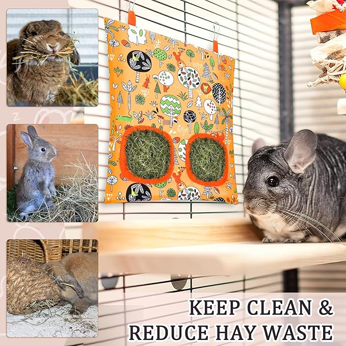 UPINS 3 Hay Bag for Rabbits 2-Hole Hanging Hay Feeder Guinea Pig Hay Bags, Hay Feeder for Chinchillas Rabbits Hamsters Small Pets and Animals(Forest Color System)