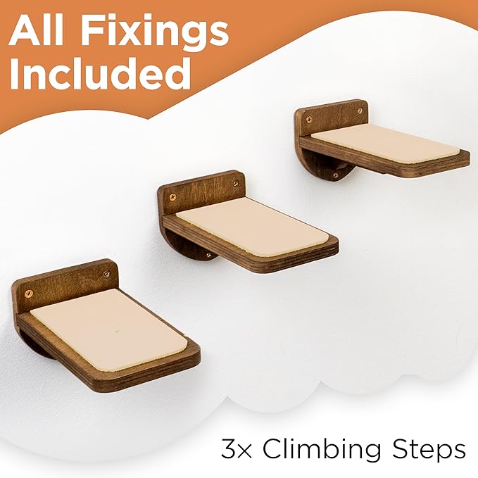 INICIO Cat Wall Stairs - Set of 3 Wall Steps for Cats to Climb with Fixtures, 8.7"x4.7" - Floating Steps for Climbing or Playing - for Kittens and Adult Cats, Dark Brown