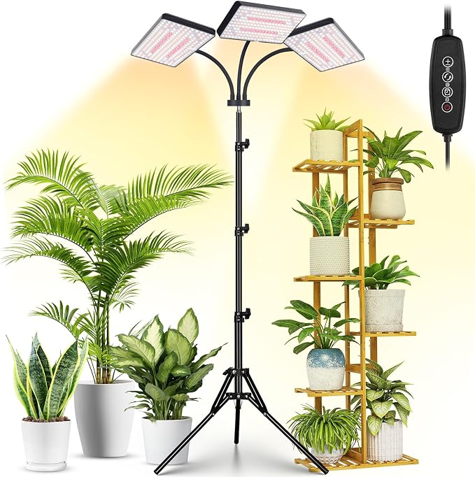 LBW Grow Light for Indoor Plants, 642 LEDs Grow Light with Stand | 3-Head Full Spectrum, 3/6/12H Auto Timer, 6 Brightness Levels, 3 Switch Modes, 68" Height Adjustable Stand, for Large Plants