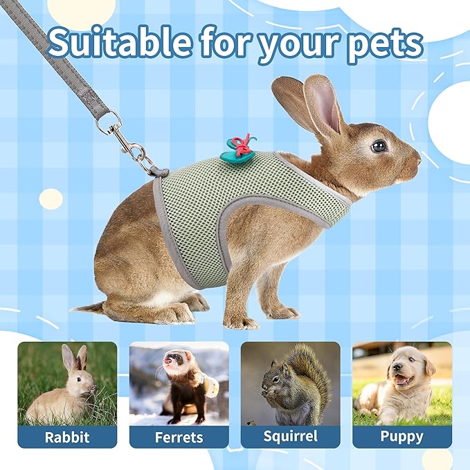 AIITLE Adjustable Rabbit Harness with Cute Bow - Breathable Vest, Anti-Escape Buckles, Reflective Leash for Training, Parties - Fits Rabbits, Hamsters, Mini Pets Olive-Green L