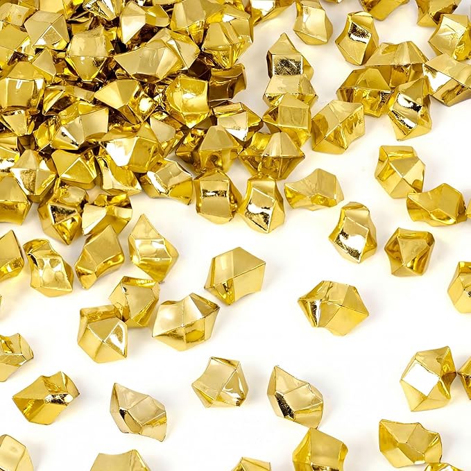 DOMESTAR 150 PCS Gold Acrylic Ice Rocks, Faux Nuggets Gems Vase Fillers | Pot of Gold, Pirate Jewelry Party Decorations, Birthday DIY Crafts & Table Scatter