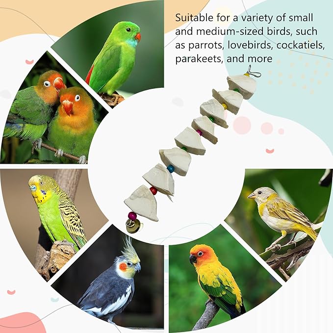3 Pack Bird Chewing Toy Cuttlebone Parrot Toy with Bell Hanging Bird Beak Grinding Stone Parakeet Cage Accessories for Small & Medium Budgies Lovebirds Cockatiels (Block, 8 Per Skewer)