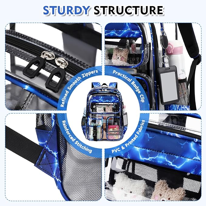 Clear Backpack for School,Transparent Backpack Stadium Events,Heavy Duty Clear Bookbag for Girls,Boys,Work,Sport Blue Lightning