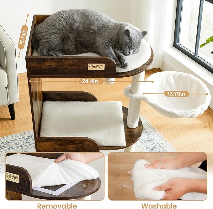 Modern Wood Cat Tree Tower for Indoor Large Cats, Cat Scratching Posts with Big Perch Bed, 44.8" Tall Multi-Level Wooden Cat Condo with Hammock, Removable Pads, Kitty Furniture, Rustic Brown