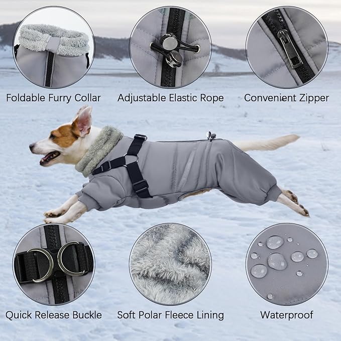 BRKURLEG Grey Dog Winter Coat, Cozy Winter Dog Jackets, Small Dogs Coat with Harness, Onesie Body Warm Puppy Jacket, Pet Reflective Windproof Cold Weather Jackets, Puppy Four-Legged Puffer Coats, XL