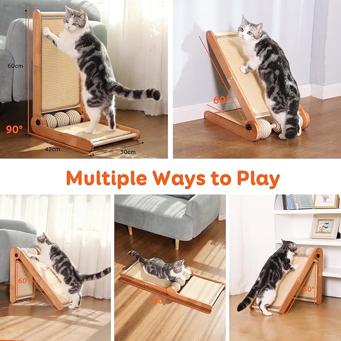 3 Transformable Shapes Cat Scratching Post - Adjustable L-Shape Sisal Scratcher with Multiple Fresh Fun Play Modes, 100% Natural Solid Beechwood& Sisal, Eco-Friendly Furniture Protector