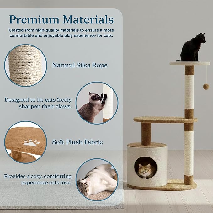 PETMAKER Cat Tree Condo 3 Tier with Condo and Scratching Posts, 37.5", Brown and Tan