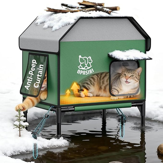 Apasiri Heated Outdoor Cat House for Winter: Insulated with Heating Pad, Indestructible Weatherproof Winter Shelter, Elevated Support to Keep Interior Dry for Stray Cats, Medium
