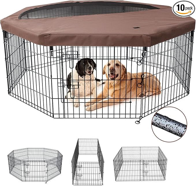 NEZUC Foldable Metal Dog Exercise Playpen Gate Fence Dog Crate 8 Panels 24 Inch Height Puppy Kennels with Top Cover/Bottom Pad for Animals Outdoor Indoor (Playpen+Top Cover, Brown, 24" H)