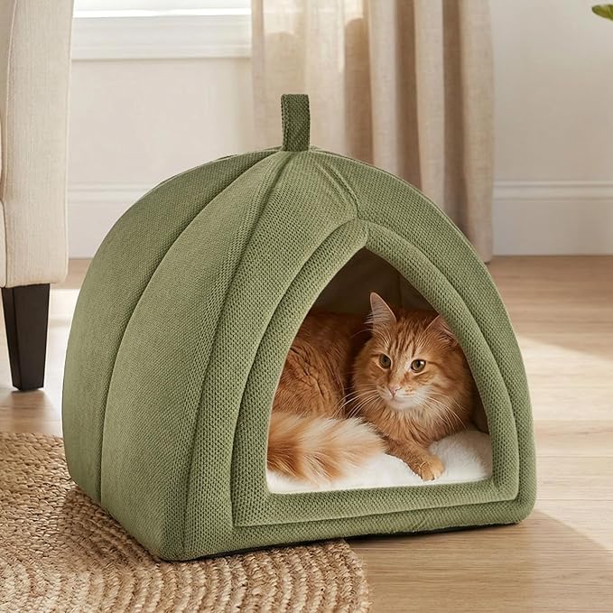 Amazon Basics Cat Cave Bed, 2-in-1 Foldable House for Indoor Cats, with Washable Cushion and Non-Slip Base, 17.5 x 17.5 Inches, Large, Green