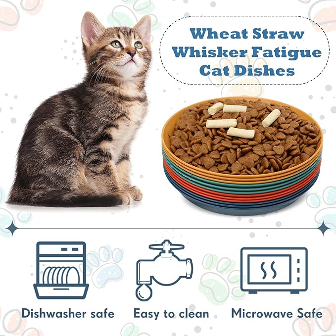 Gerrii 12 Pieces Beard Fatigue Relief Cat Bowl 6 Inch Round Shallow Cat Food Dish Wet Feeding Bowls Wide and Small Pet Dish for Kittens and Short Legged Kitten, Wheat Straw(Vintage Colors,Paw)