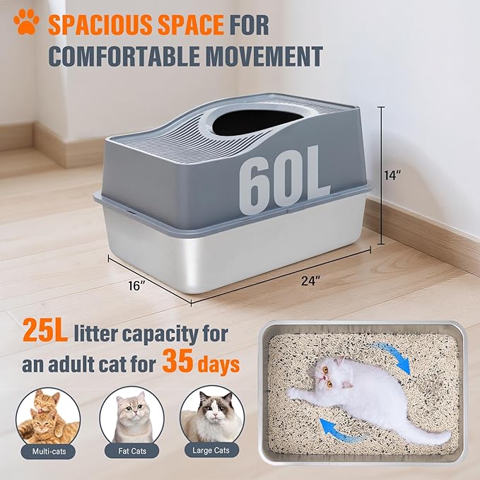 Top Entry Cat Litter Box with Lid, Stainless Steel Enclosed Cat Kitty Litterbox, Top Loading Large Metal High Side Litter Pan Tray Box Enclosure Easy Cleaning Anti-Leakage