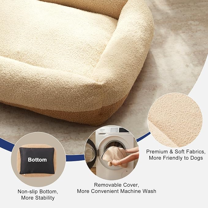FURTIME Dog Bed Large Sized Dogs, Washable Comfy Fluffy Medium Dog Bed, Removable Zipper Cover Machine Wash, Soft Orthopedic Bed Durable Pet Cuddler with Anti-Slip Bottom, 36"x27"x8",Beige