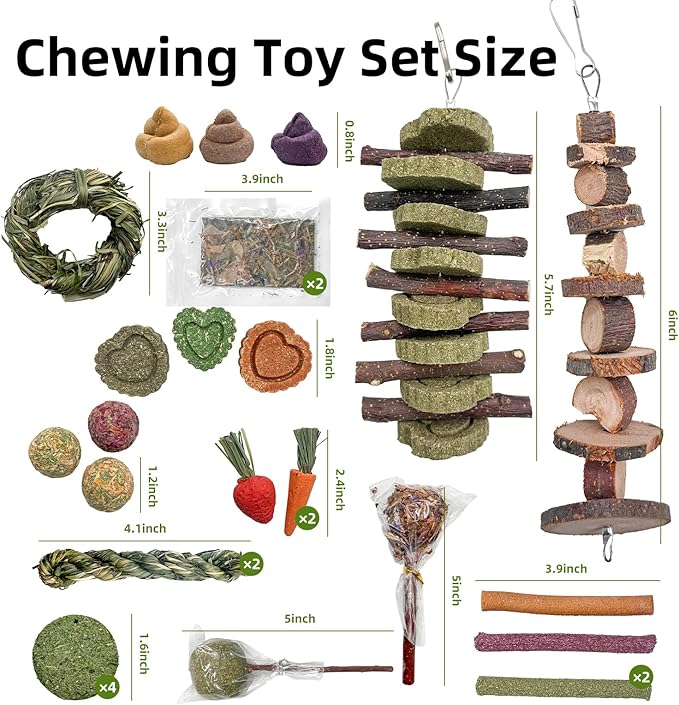 Rabbit Chew Toys, Toys for Guinea Pigs & Hamsters - Natural Chew Sticks & Balls Set for Small Animals, Dental Care Treats for Chinchillas, Bunny - 20+ Toys for Teeth Health (32 Pieces)