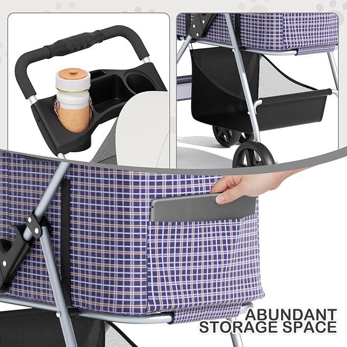 MoNiBloom 3 in 1 Foldable Pet Stroller for Small & Medium Dogs, Detachable Carrier, Car Seat, Push Button Entry, 4-Wheel Jogger for Pets up to 33 lbs, Plaid