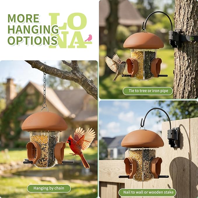 LONA Bird Feeders for Outdoors Hanging – 3 Separate Compartments, 3 Feeding Ports, Weatherproof Dome & 3 Ways to Hang, Large Capacity for Cardinals/Finches (Brown