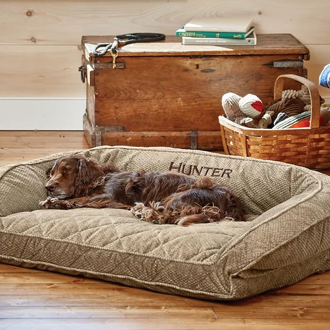 Orvis Comfort Fill-Eco Couch Dog Bed – Plush Three-Sided Bolster with Comfort Fill-Eco Cushion, Quilted Cover, Zip-Off & Machine Washable, Brown Tweed - Medium