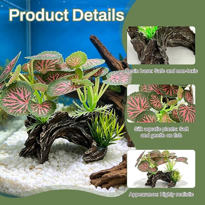 Silk Aquarium Plants with Artificial Driftwood | Soft silk plants with resin driftwood, safe for fish, lifelike, durable, fits small & large tanks, maintenance-free.