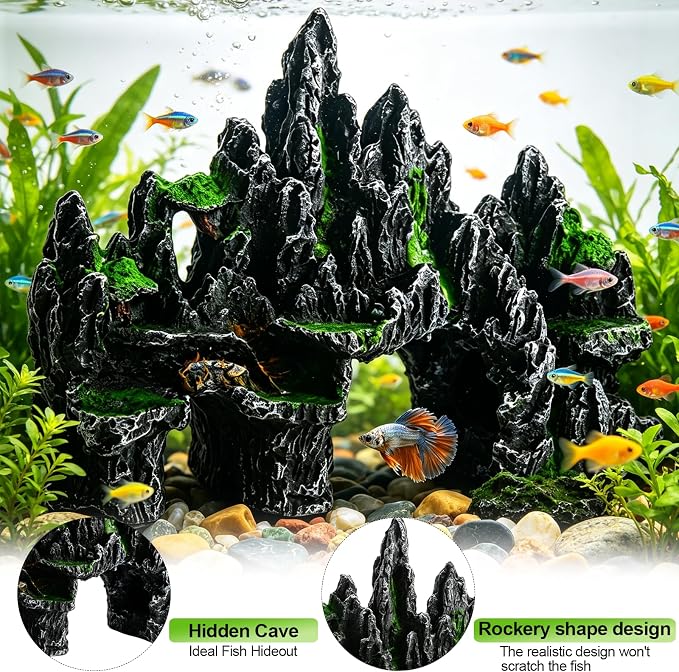 Saim Large Aquarium Mountain View Stone Decor 13.7''x4.72''x9.05'' | for betta cichlids hideaway cave,non-fading resin, climbing zone, hiding cave, low maintenance fitting for 10-17 gallon tank