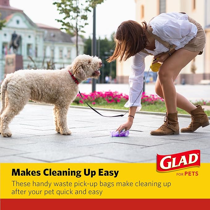 Glad for Pets Scented Dog Waste Bags, Tear-Resistant Pet Poop Pick-up Bags with Leak Protection, Fresh Lavender Scent, Fun Purple Bag Designs, 6 Rolls, 90 Bags Total