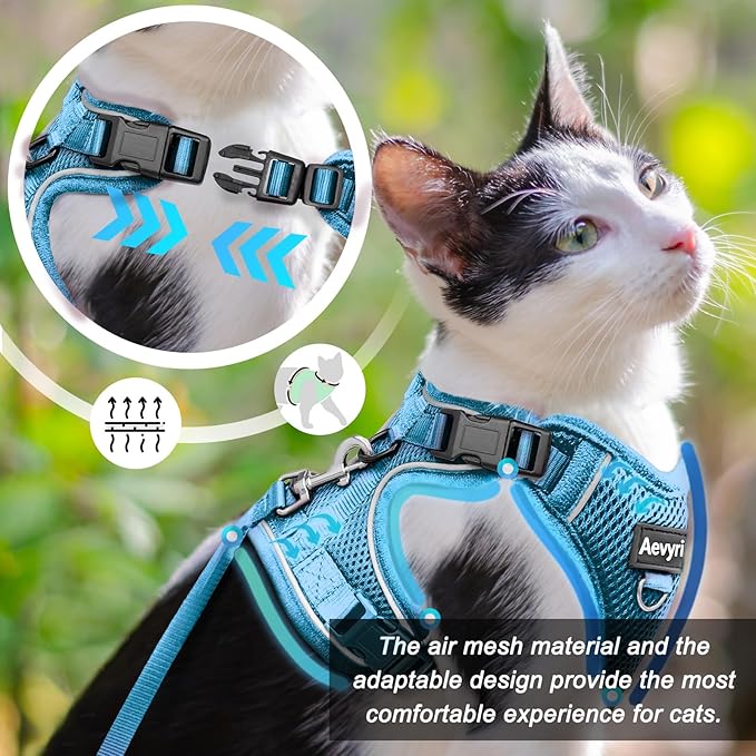 Cat Harness and Leash for Walking, The Upgrade Can be Adjusted in Four Directions and Breathable Cat Harness for Anti Escape that can be Fitted and Positioned, Reflective Strips Harness, Blue, M
