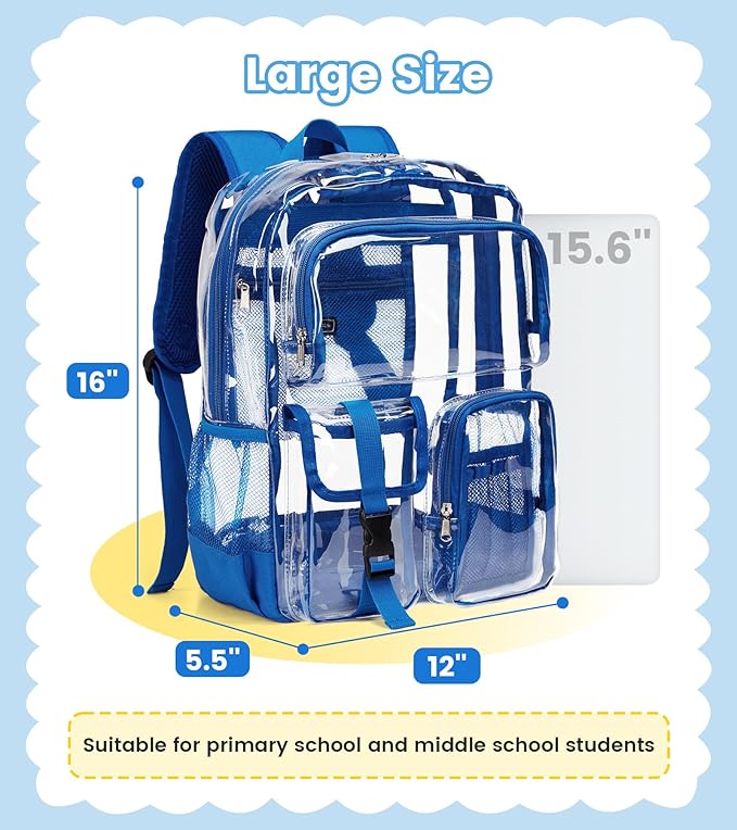 Vorspack Clear Backpack for School - Heavy Duty Transparent Bookbag for Girls Boys Large See Through backpacks for Work, College, Travel - Blue