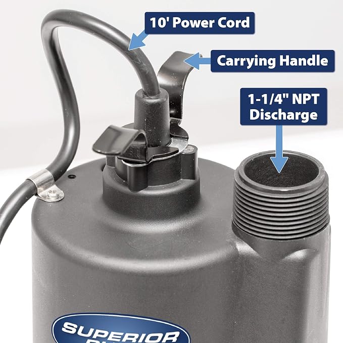 Superior Pump 91330 2400GPH Thermoplastic Submersible Utility Pump with 10-Foot Cord, 1/3 HP