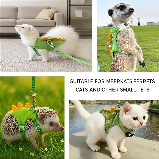 Harness and Leash Set for Small Pets, Dinosaur Shaped Vest Harness, Adjustable Soft Plush Vest with Bell for Guinea Pigs, Ferrets, Hamsters, Hedgehogs - Safe Outdoor Walking Adventure Gear,Blue