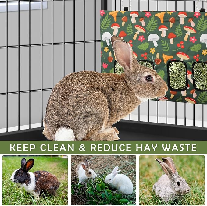 JarThenaAMCS Rabbit Hay Feeder Bag with 4 Holes Mushroom 18 x 12 Inch Guinea Pig Hanging Hay Feeding Bag Storage Dispenser for Chinchilla Hamster Bunny Small Animal Pet