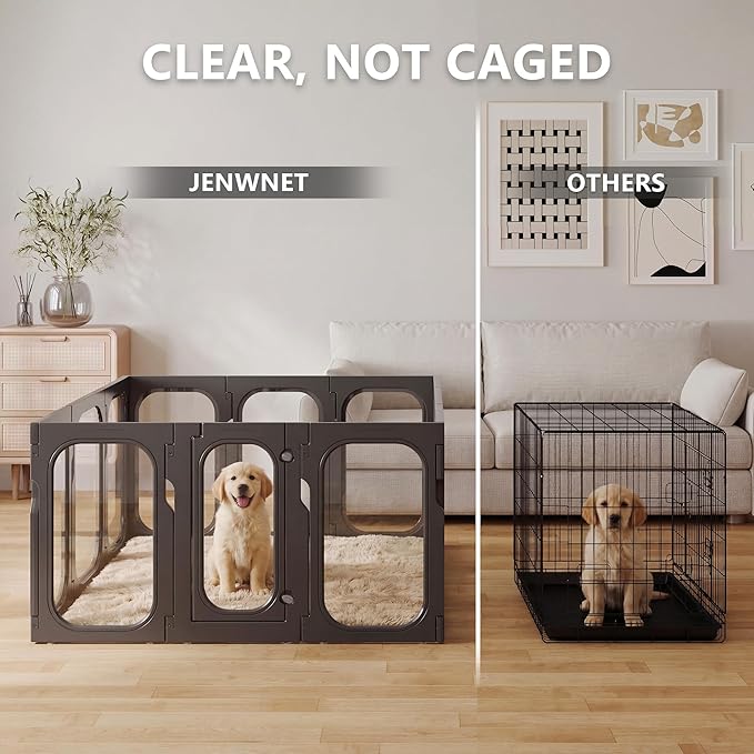Acrylic Clear Dog Playpen Indoor with Door, 26'' H Transparent Dog Play Pen for Small Dogs, No-Connector Modular Puppy Playpen with Integrated Suction Cups Base, 12 Panels, Black