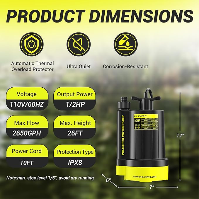1/2HP Automatic Submersible Water Pump,110V Sump Pump Submersible with 2650 GPH Water Removal, 3/4” Garden Hose Check Valve Adapter for Swimming Pool Cover Hot Tubs Flooded House Basement