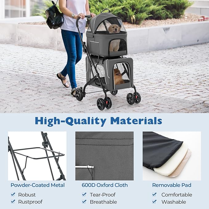 Giantex Double Dog Stroller for 2 Dogs, Detachable Carriers, Safety Belt, 4 Lockable Wheels, Pet Travel Carrier Strolling Cart, Folding Cat Stroller for Small Medium Pets Dogs (Gray)