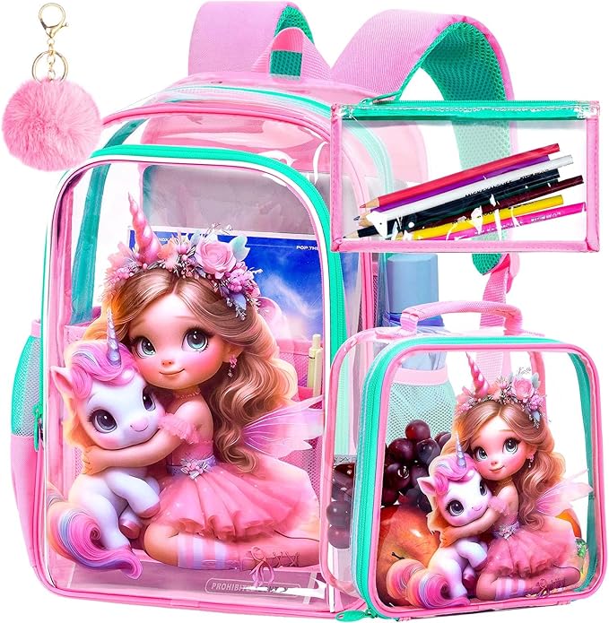 AGSDON Clear Backpack for Girls, Kids Unicorn Transparent Backpack with Heavy Duty PVC, See Through Backpacks with Lunch Bag- Pink Unicorn