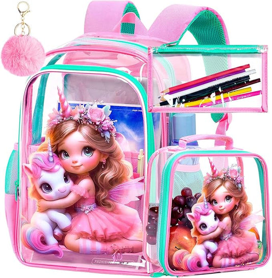 AGSDON Clear Backpack for Girls, Kids Unicorn Transparent Backpack with Heavy Duty PVC, See Through Backpacks with Lunch Bag- Pink Unicorn