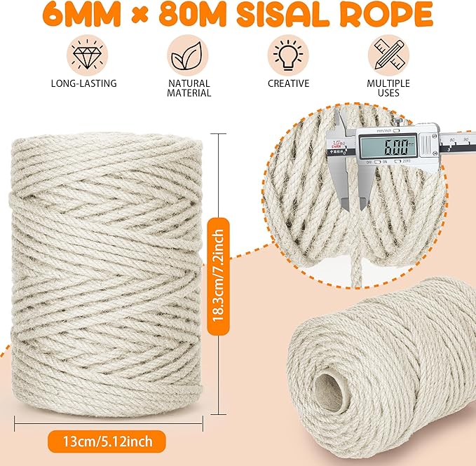262FT/80M Cat Scratching Sisal Rope, 6mm 1/4 inch Thick Natural Jute Rope for Scratch Posts, Cat Trees, DIY Projects, Sisal Rope for Cat Scratcher with 2 Cat Mouse Toys (White, 262ft)