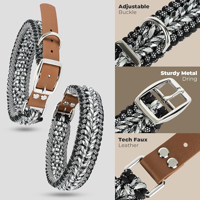 Tirevt Hand-Woven Dog Collar and Leash Set:Color-Block Design, Premium Reinforced Buckle, Adjustable Artisan Paracord for Puppies, Small, Medium & Large Dogs (Black, M+)