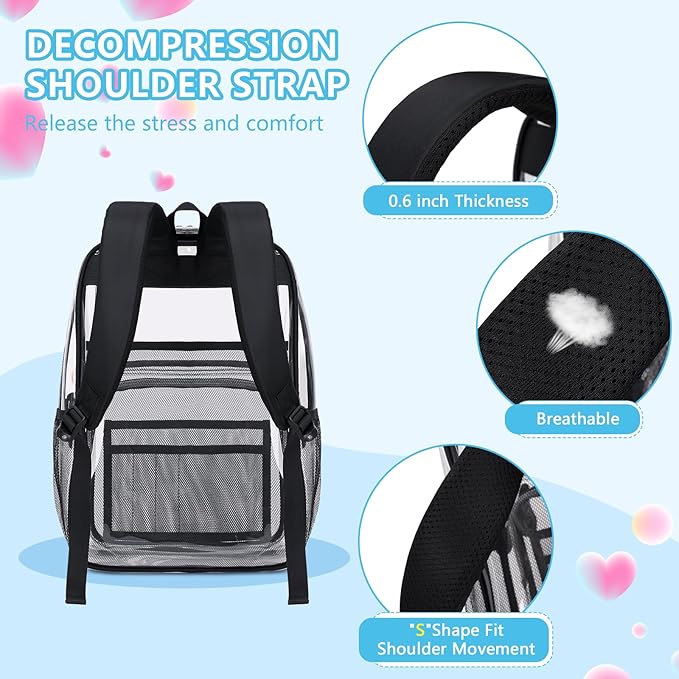 MOONBABY Clear Backpack for School Girls, Heavy Duty TPU Transparent Backpack Stadium Events Approved, Clear Bookbag
