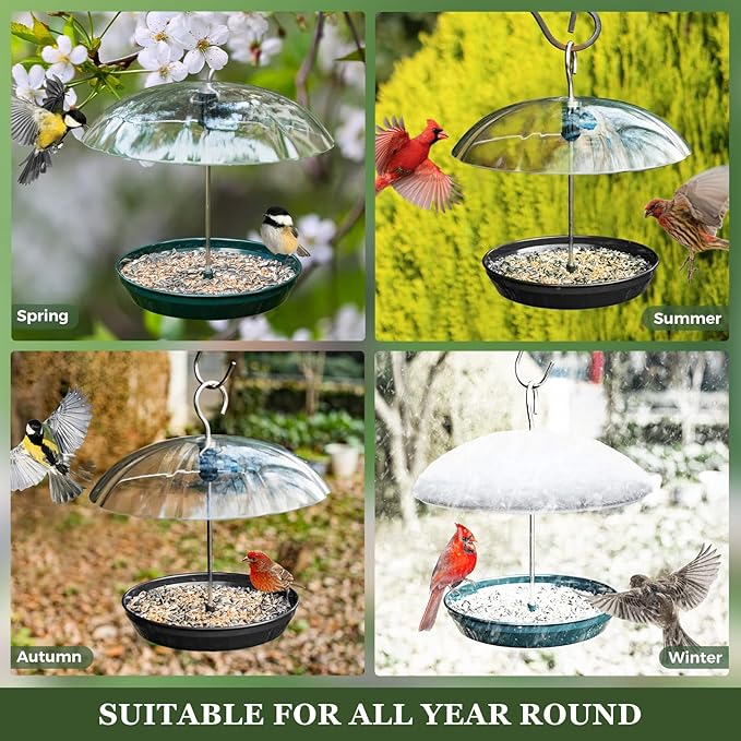 Kingsyard Adjustable Platform Bird Feeder for Outdoors, Hanging Metal Seed Tray with Clear Rain Proof Dome, Large Capacity for Wild Bluebird Cardinal Dove Mealworm, Green