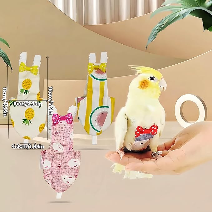 2Pcs Bird Diapers Bird Harness Flight Suits Diapers with 80 Inch Flying Leash Parrot Nappy Washable Cute Urine Wet Suit for Cockatiel Conure Macaw Budgies Parakeet-Rabbit&Pineapple,M