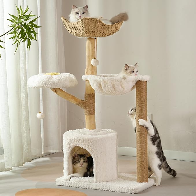 Moewrista Modern Cat Tree with Hammock 48.5 Inches Cat Tower with Scratching Post,Featuring Real Wood Post,Large Rattan Basket, Spacious Flower Perch and Condo for Indoor Cat Large Adults-Beige