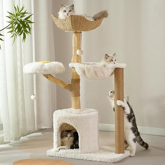 Moewrista Modern Cat Tree with Hammock 48.5 Inches Cat Tower with Scratching Post,Featuring Real Wood Post,Large Rattan Basket, Spacious Flower Perch and Condo for Indoor Cat Large Adults-Beige