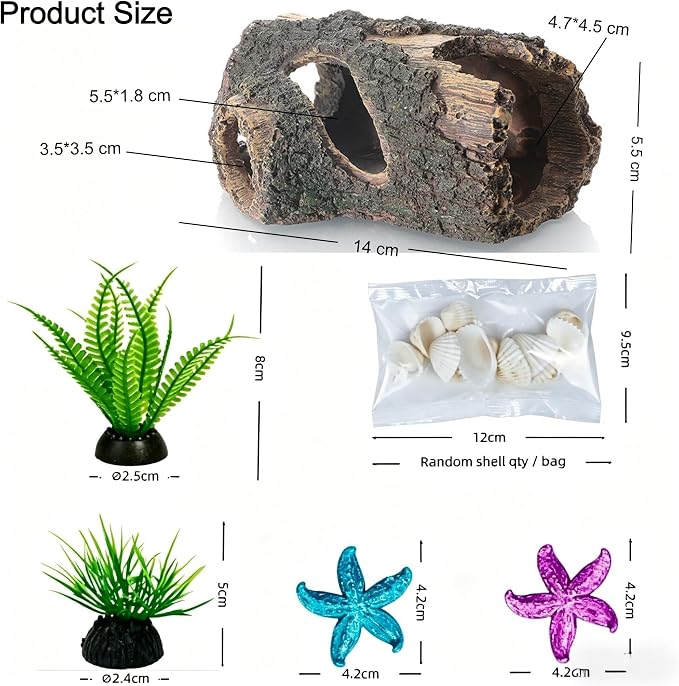 Fish Tank Decoration Set Resin Tree Trunk Hide Cave Aquarium Decoration | Betta Fish Tank Decor Artificial Starfish Some Artificial Shells Plant Ornaments Aquarium Accessories Decorations, Small
