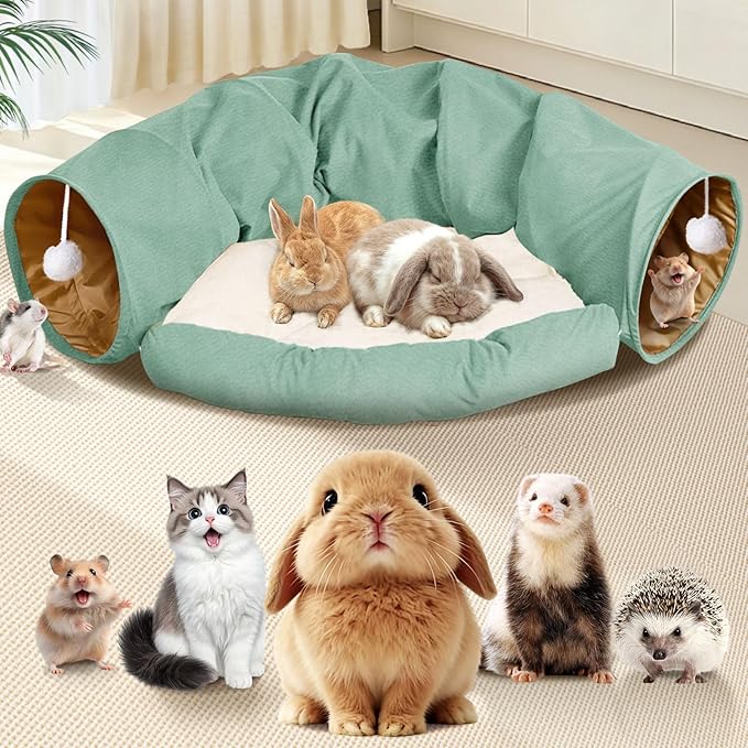 Spardar Bunny Tunnel Bed, 2-in-1 Collapsible Tunnel Tubes Toys, Washable, with Removable Mat Hideout, Interactive Toys for Rabbits Chinchilla Hedgehog Guinea Pigs Kitty, Matcha Green