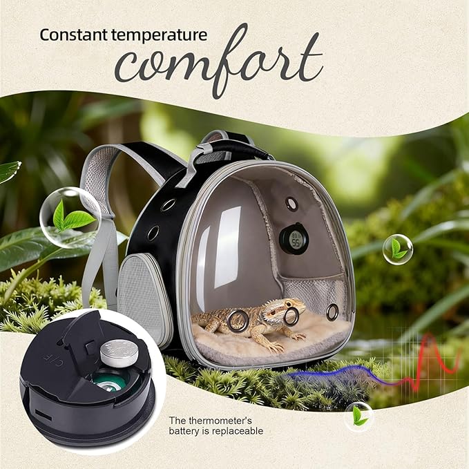 Bearded Dragon Travel Backpack Carrier with Reptile Thermometer and Humidity Gauge Lizard Travel Cage Space Capsule Clear Bubble Window Astronaut Reptile Carrier Bag for Ball Python (Black, Backpack)