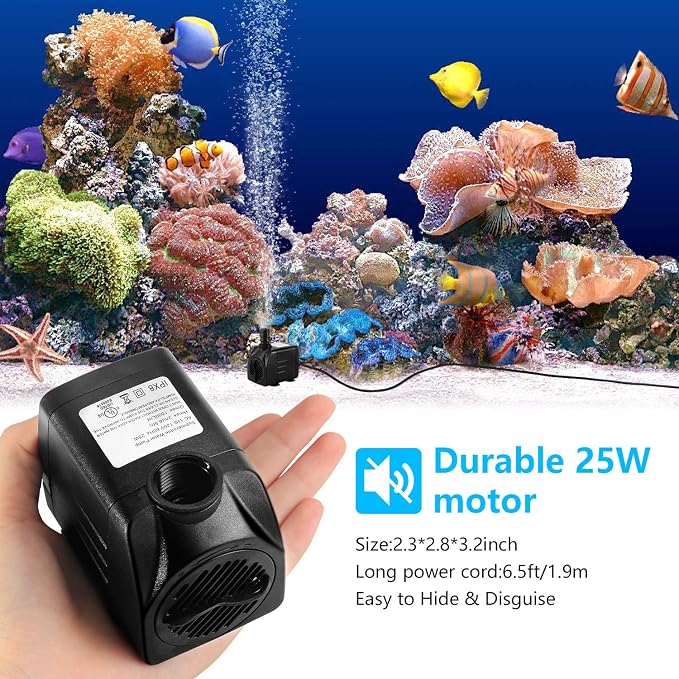 CWKJ Fountain Pump, 2 Packs 400GPH(25W 1500L/H) Submersible Water Pump, Durable Outdoor Fountain Water Pump with 6.5ft Tubing (ID x 1/2-Inch), 3 Nozzles for Aquarium, Pond, Fish Tank, Water Pump