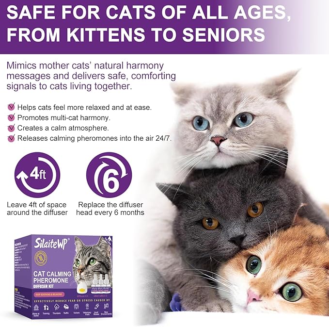 Calming Pheromone Diffuser for Cats Relieves Anxiety and Stress Calming 1 Diffuser for Cats 3 Refills, Reduces Fighting and Scratching Calming Relaxation (1)