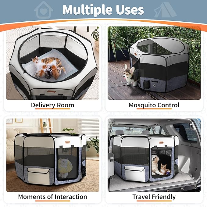 Seiyierr Dog Playpen, Portable Pet Play Pen Foldable Carrying Case, Puppy Pens Outsid for Small Cat Indoor/Outdoor, Removable Mesh Shade Cover