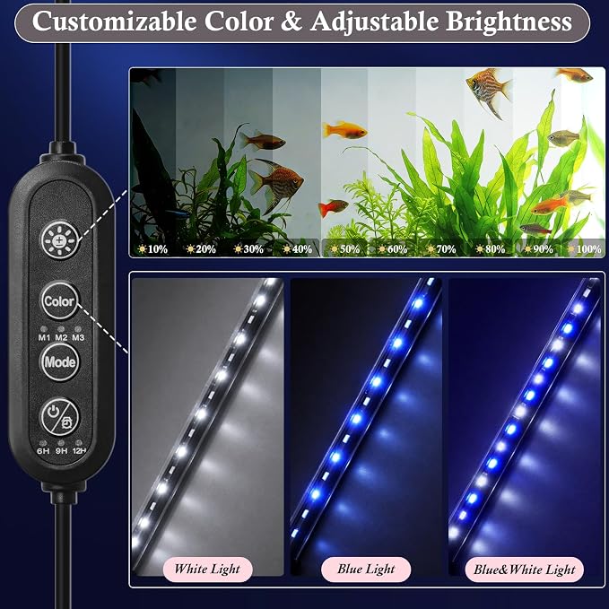 Dirvin LED Fish Tank Light with Timer, 24/7 Mode & 3 Color Aquarium Light | Submersible Adjustable Brightness, IP68 Waterproof, Sunrise-Daylight-Moonlight, Auto On/Off for Fresh and Salt Water, 6W